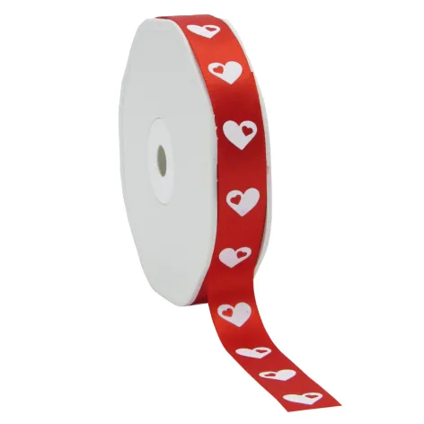 25m reel.webp Love Heart Ribbon; White Heart on Red
